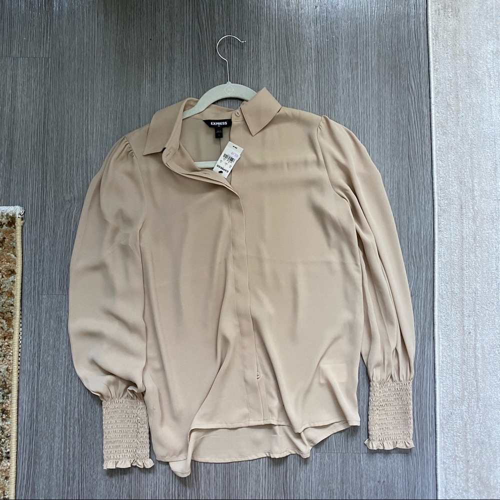 NWT sheer tan. button down with shirred sleeves